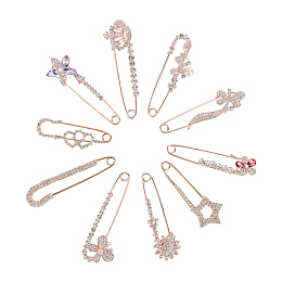 Alloy Rhinestone Safety Brooch, Mixed Shapes, Rose Gold, 8.2x8.2x2.7cm; 10pcs/box