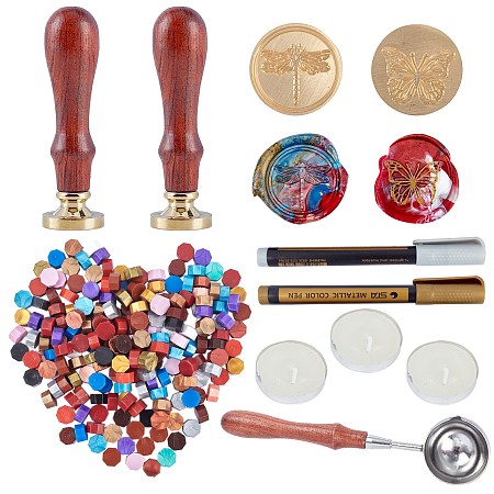CRASPIRE DIY Scrapbook, Brass Wax Seal Blank Stamp Head and Wood Handle Sets, Wax Sealing Stamp Melting Spoon, Candle, Metallic Markers Paints Pens and Sealing Wax Particles, Butterfly Pattern, 90mm