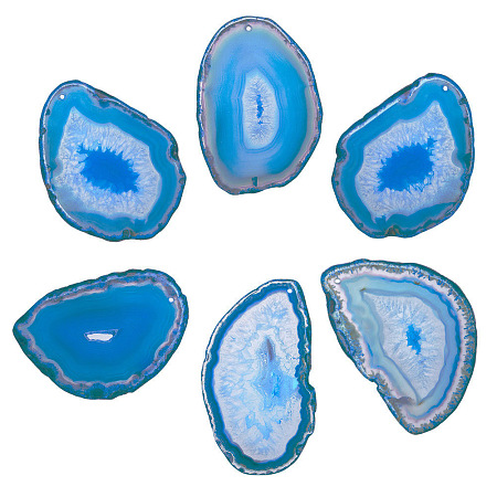 SUNNYCLUE Natural Agate Slices Big Pendants, Dyed, Nuggets, Deep Sky Blue, 50~110x27~60x5~10mm, Hole: 2mm, 6pcs/set