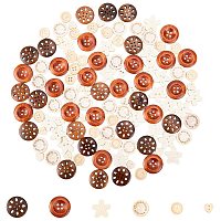 PandaHall Elite 120pcs 6 Styles Wooden Buttons Hollow Flower Flat Round Sewing Handmade Button for Crafts Supplies