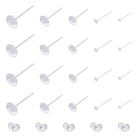 Unicraftale 304 Stainless Steel Stud Earring Findings, For Half Drilled Beads, with 50PCS Ear Nuts, Silver, Earring Findings: 14~15x3~6mm, Pin: 0.8mm; 50pcs/box