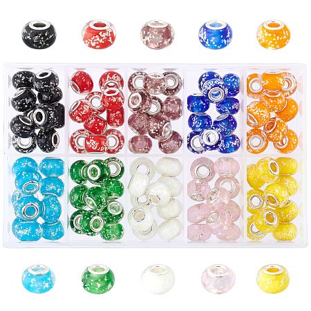 OLYCRAFT 100pcs 5mm Large Hole European Beads Luminous Lampwork Beads Assorted Color European Lampwork Beads with Platinum Tone Brass Double Cores for DIY Crafts Bracelet Necklace Jewelry Making