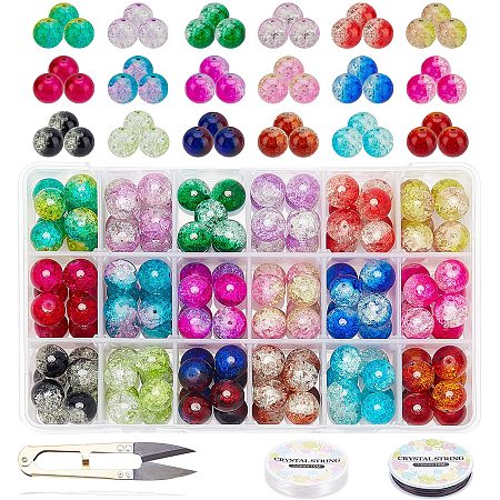 DIY Baking Painted Crackle Glass Beads Stretch Bracelet Making Kits, include Sharp Steel Scissors, Elastic Crystal Thread, Stainless Steel Beading Needles, Mixed Color, Beads: 12mm, Hole: 1.3~1.6mm, 144pcs/set
