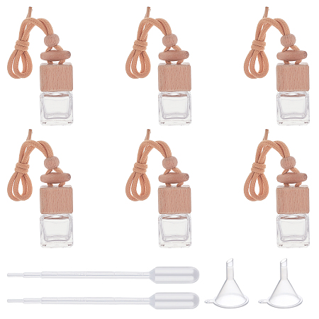 PANDAHALL ELITE Glass Pendant Decorations, Empty Perfume Bottle, with Wooden Lid and Cotton Rope, Mini Transparent Plastic Funnel Hopper and Disposable Transfer Pipettes, Clear, 14pcs/box