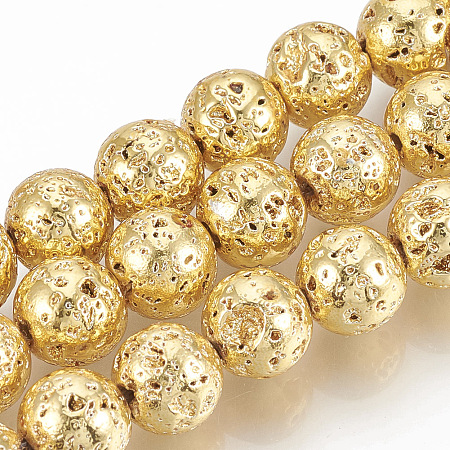 ARRICRAFT Electroplated Natural Lava Rock Beads Strands, Round, Bumpy, Golden Plated, 6~7mm, Hole: 1mm, about 61pcs/strand, 15.7 inches