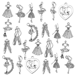 SUNNYCLUE Alloy Dancer Charm Pendants, Mixed Ballerina Dancer & Skirt & Ballet Shoes, Lead Free & Cadmium Free, Antique Silver, 20~32x12~21x1.5~7mm, Hole: 1.5~2.5mm, 8pcs per shape, 80pcs/box