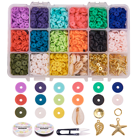 SUNNYCLUE DIY Jewelry Set Kits, with Environmental Handmade Polymer Clay Heishi Beads, Brass Spacer Beads, Cowrie Shells, Alloy Pendants, Iron Jump Rings, Elastic Crystal Thread, Steel Scissors, Mixed Color, Disc Beads: 4x1mm, Hole: 1mm