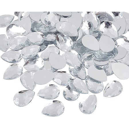 Acrylic Rhinestone Flat Back Cabochons, Faceted, Buttom Silver Plated, teardrop, Clear, 25x18x5mm; 100pcs/box