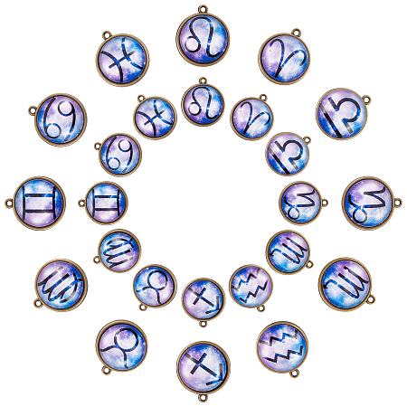 CHGCRAFT Alloy Glass Pendants, Half Round with Twelve Constellations, Lilac, 26x23x7mm, Hole: 1.8mm, 12pcs/set, 4sets/box