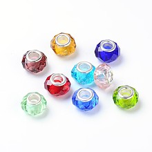 PANDAHALL ELITE Handmade Glass European Beads, Large Hole Beads, Silver Color Brass Core, Mixed Color, 14x8mm, Hole: 5mm, 100pcs/box