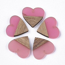 Honeyhandy Transparent Resin & Walnut Wood Pendants, Heart, Hot Pink, 24x25x3.5~4mm, Hole: 2mm