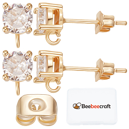 Beebeecraft 20Pcs Brass Stud Earring Findings, with Clear Cubic Zirconia & Vertical Loops & 20Pcs Ear Nuts, Real 18K Gold Plated, 7.5x5mm, Hole: 1.5mm, Pin: 0.7mm