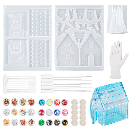 Olycraft DIY 3D House Silicone Molds Kits, with Nail Art Sequins, UV Gel Nail Art Tinfoil, Plastic Stirring Rod & Pipettes, Mixed Shape, Clear