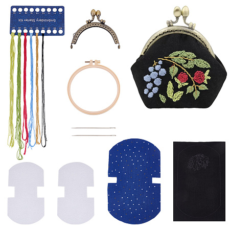 PandaHall Elite PH Coin Purse Making Kit, Flower Pattern Kiss Clasp Lock Embroidery Pouch Embroidery Hoop with Felt Cloth Purse Frame Threads DIY Bag Clutch Material Supplies for Beginners Starters