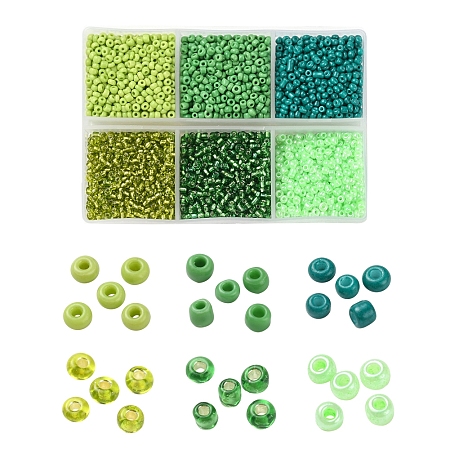 Arricraft 4500Pcs 6 Styles 12/0 Glass Seed Beads, Silver Lined & Opaque Colours & Baking Paint, Round Hole Beads, Green, 1.5~2mm, Hole: 0.5~1mm, 750pcs/style