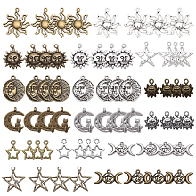 SUNNYCLUE Tibetan Style Alloy Pendants, Sun & Moon & Star, Mixed Color, 72pcs/set