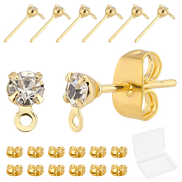 Beebeecraft 1 Box 40Pcs 18K Real Gold Plated Stud Earrings Round Cubic Zirconia Stud Earring Findings with Loop for Women Girl Jewelry Making DIY Crafts