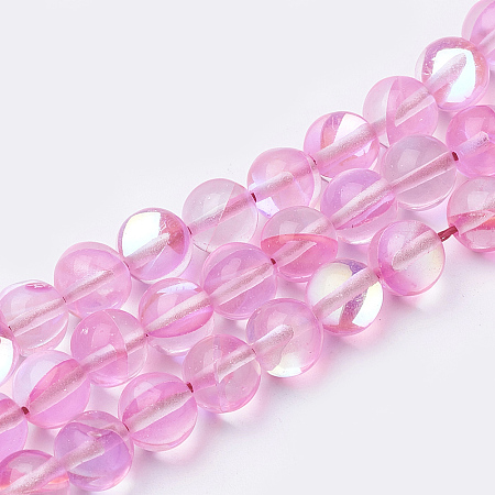 ARRICRAFT Synthetic Moonstone Beads Strands, Holographic Beads, Dyed, Round, Pink, 8mm, Hole: 0.7mm, 48pcs/strand, 15 inches