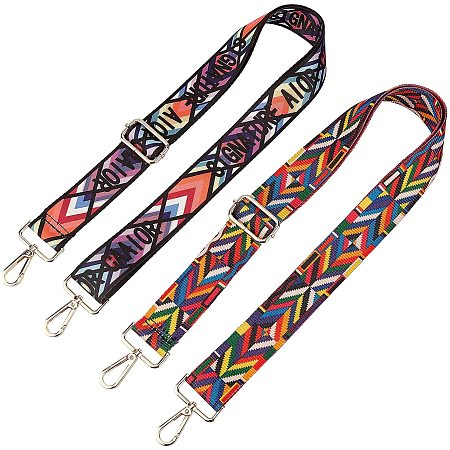 Adjustable Nylon Bag Handles, with Zinc Alloy Swivel Clasps, for Bag Straps Replacement Accessories, Stripe Pattern, Colorful, 910x39~51.5mm, Swivel Clasps: 49.5x26x6.5mm; 2patterns, 1strand/pattern, 2strands/set