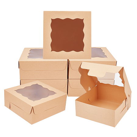 Bakery Box, with PVC Display Window, Cardboard Gift Packaging Boxes for Cookies, Small Cakes, Muffin, Square, Camel, 15x15x6.1cm, Window: 10.5x10.5cm