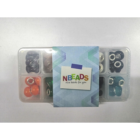 NBEADS Resin European Beads, Large Hole Beads, with Silver Color Plated Brass Cores, Rondelle, Mixed Color, 14x9mm, Hole: 5mm; 10 Colors, 8pcs/color, 80pcs/box