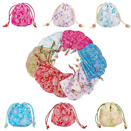Chinese Brocade Sachet Coin Pouches, Drawstring Floral Embroidered Jewelry Bag Gift Pouches, for Women Girls, Mixed Color, 11.1x10.4x0.45cm; 6 colors, 4pcs/color, 24pcs