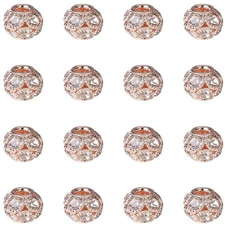 NBEADS Brass Beads, with Grade A Rhinestone, Rondelle, Rose Gold, Crystal, 12x10mm, Hole: 3mm; 30pcs/box