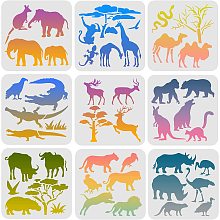 FINGERINSPIRE 9 Pcs Animals Stencils Template 7.9x7.9 inch Plastic Monkey Bear Bird Painting Stencils Elephant Deer Crocodile Rhino Lion Pattern Reusable Stencils for Painting on Wood, Wall and Tile