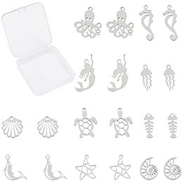 SUNNYCLUE Ocean Theme,  Stainless Steel Pendants, Mixed Shapes, Stainless Steel Color, 11.4~24.5x7~17.5x1mm, Hole: 1.4~1.6mm; 20pcs/box