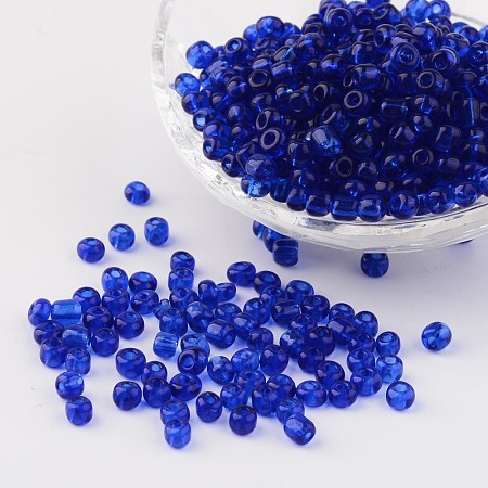 Honeyhandy 6/0 Glass Seed Beads, Transparent, Round, Blue, 4mm, hole: 1.5mm, about 496pcs/50g