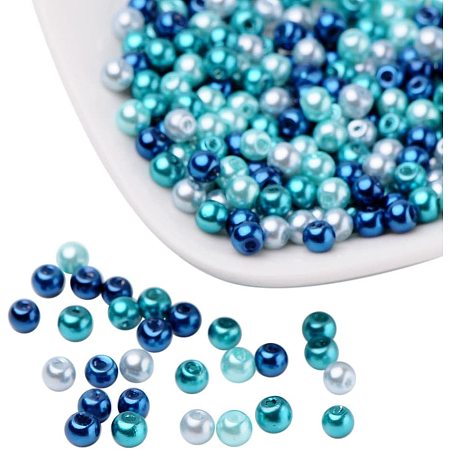 Carribean Blue Mix Pearlized Glass Pearl Beads, Mixed Color, 4mm, Hole: 1mm; about 400pcs/box