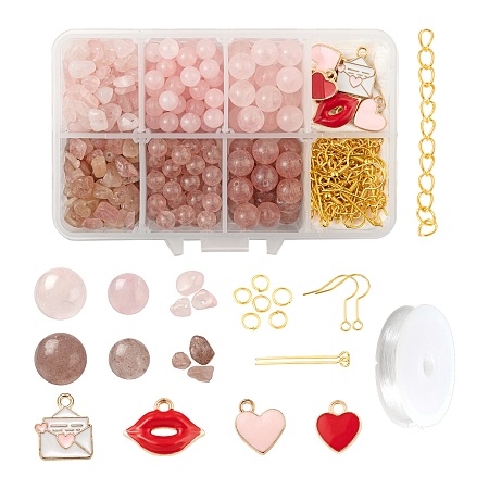 Arricraft DIY Jewelry Set Making Kits for Valentine's Day, Including Round & Chip Mxied Gemstone Beads, Alloy Enamel Pendants, Iron Earring Hooks & Jump Rings & End Chains, Brass Eye Pin and Elastic Crystal Thread, Mixed Color, Beads: 170pcs/box