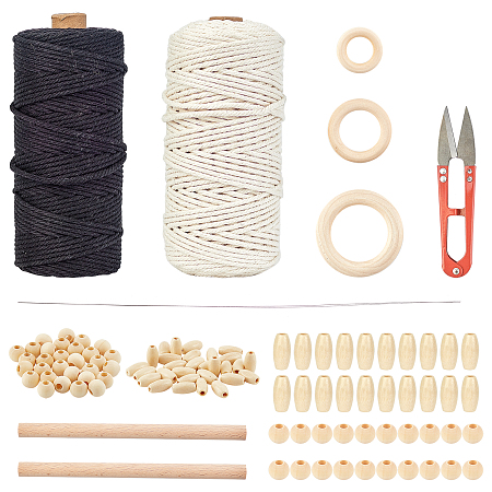 DIY Handbag Kits, with Cotton String Threads & Wood Beads & Beech Wooden Round Stick & Wood Linking Rings & Iron Threaders & Stainless-Steel Scissors, Mixed Color