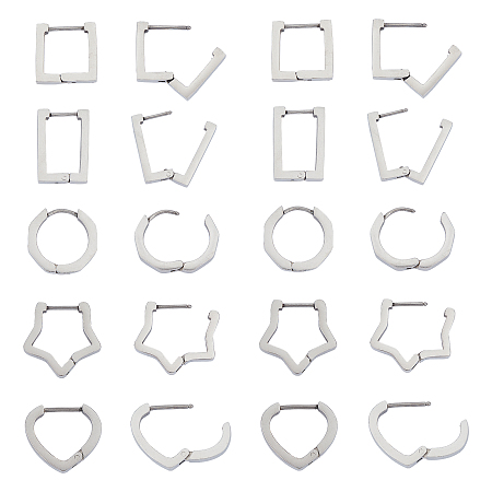 Unicraftale 304 Stainless Steel Huggie Hoop Earrings, Heart/Star/Square/Ring/Rectangle, Stainless Steel Color, 5pairs/box