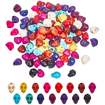 15 Colors Dyed Synthetic Turquoise Beads, Skull, Mixed Color, 8x6x7mm, Hole: 1mm, about 44~58pcs/color, 660~870pcs/box