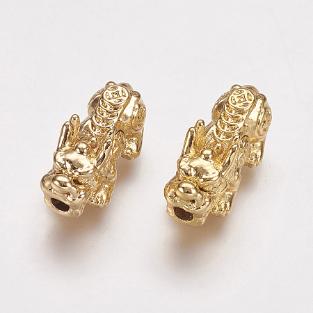 Honeyhandy Feng Shui Alloy Beads, Pixiu with Chinese Character Cai, Long-Lasting Plated, Real 18K Gold Plated, 20x9x9mm, Hole: 2.5mm