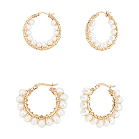 UNICRAFTALE 304 Stainless Steel Hoop Earrings, with Natural Pearls, Ring, Golden, 34.5x36x7mm & 39x33x6.5mm, Pin: 0.7x1mm; 2pairs/box