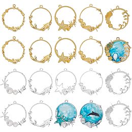 Olycraft Alloy Open Back Bezel Pendants, For DIY UV Resin, Epoxy Resin, Pressed Flower Jewelry, Ocean Style, Ring, Lead Free & Cadmium Free, Golden & Silver, 20pcs/box