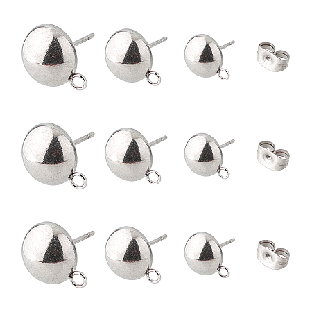 UNICRAFTALE 304 Stainless Steel Stud Earring Findings, with Loop, Dome/Half Round, Stainless Steel Color, 60pcs/box