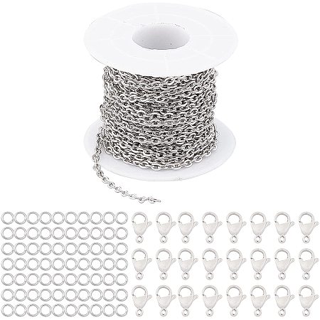 SUNNYCLUE 304 Stainless Steel Cable Chains, Soldered, with Spool, Jump Rings and Brass Lobster Claw Clasps, Unwelded, Flat Oval, Stainless Steel Color, 4x3x0.8mm; about 10m/roll