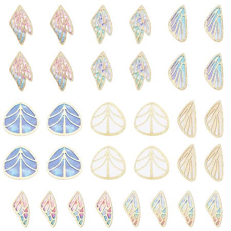 SUNNYCLUE Fashion DIY Earrings Jewelry Accessories, Imitation Metal Cloth Pendants, Leaf & Wing, Mixed Color, 30~31x14~30x0.6mm, Hole: 0.8mm, 32pcs/box