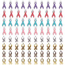 SUNNYCLUE Breast Cancer Awareness Ribbon Carved Word Hope Tibetan Style Pendants and Alloy Enamel Pendants, Mixed Color, 7.4x7.2x1.7cm; 80pcs/box