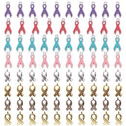 SUNNYCLUE Breast Cancer Awareness Ribbon Carved Word Hope Tibetan Style Pendants and Alloy Enamel Pendants, Mixed Color, 7.4x7.2x1.7cm; 80pcs/box