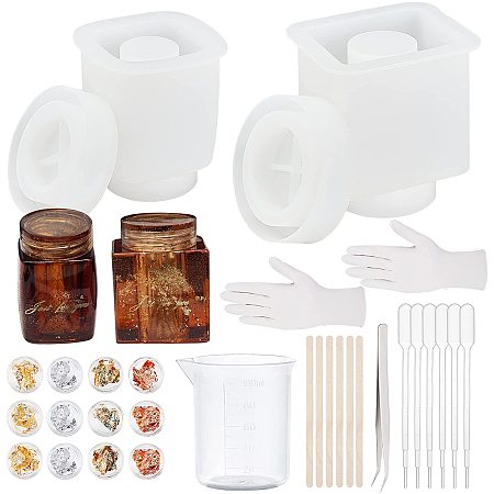 OLYCRAFT Storage Box Silicone Mold Kits, include Measuring Cup, Plastic Transfer Pipettes, Gold Silver Foil Chip, Tweezer, Stick,  Rubber Gloves, Mixed Color