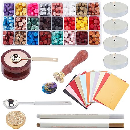 CRASPIRE DIY Wax Seal Stamps Kit, include Sealing Wax Particles, Paper Envelopes, Iron Spoon, Beech Wood Handle, Metallic Marker Pens, Wax Stick Melting Pot Holder, Candle, Mixed Color, 9mm, 24 colors, 30pcs/color, 720pcs