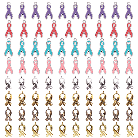 SUNNYCLUE Breast Cancer Awareness Ribbon Carved Word Hope Tibetan Style Pendants and Alloy Enamel Pendants, Mixed Color, 7.4x7.2x1.7cm; 80pcs/box