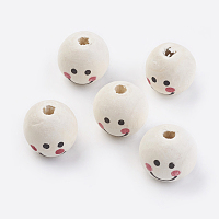 Natural Wood Printed European Beads, Large Hole Beads, Round, Floral White, 18x16mm, Hole: 4mm, about 100pcs/bag