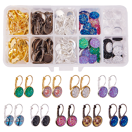 SUNNYCLUE DIY Earring Making, with Brass Leverback Earring Findings, Imitation Druzy Agate Resin Cabochons, and Transparent Glass Cabochons, Mixed Color, 13.5x7x3cm