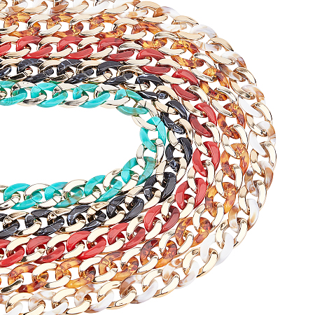 Gorgecraft Handmade CCB Plastic Curb Chain, with Acrylic Linking Rings, Imitation Gemstone, for Handbag Chain Making, Golden, Mixed Color, Link: 22~23x16~17x5mm; 39.37 inches(1m)/strand; 5strands/set