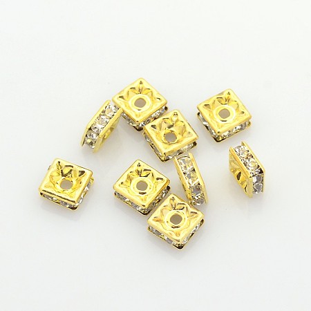 Honeyhandy Brass Rhinestone Spacer Beads, Grade A, Golden Metal Color, Square, Crystal, 6x6x3mm, Hole: 1mm